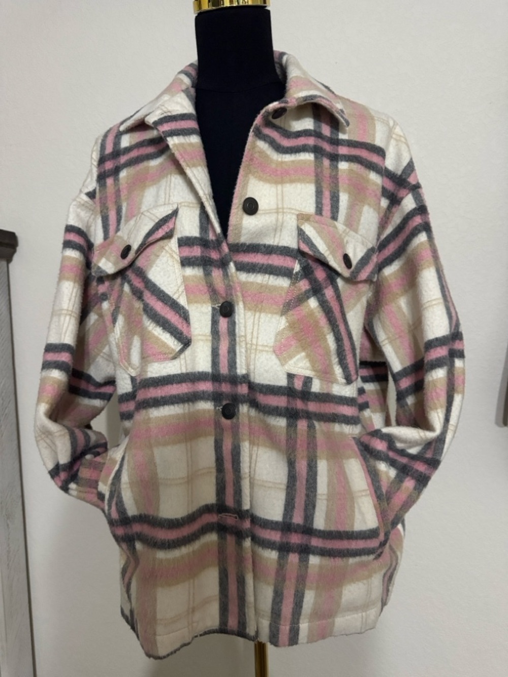 Zara Cream Plaid Shacket with Pink & Gray Stripes